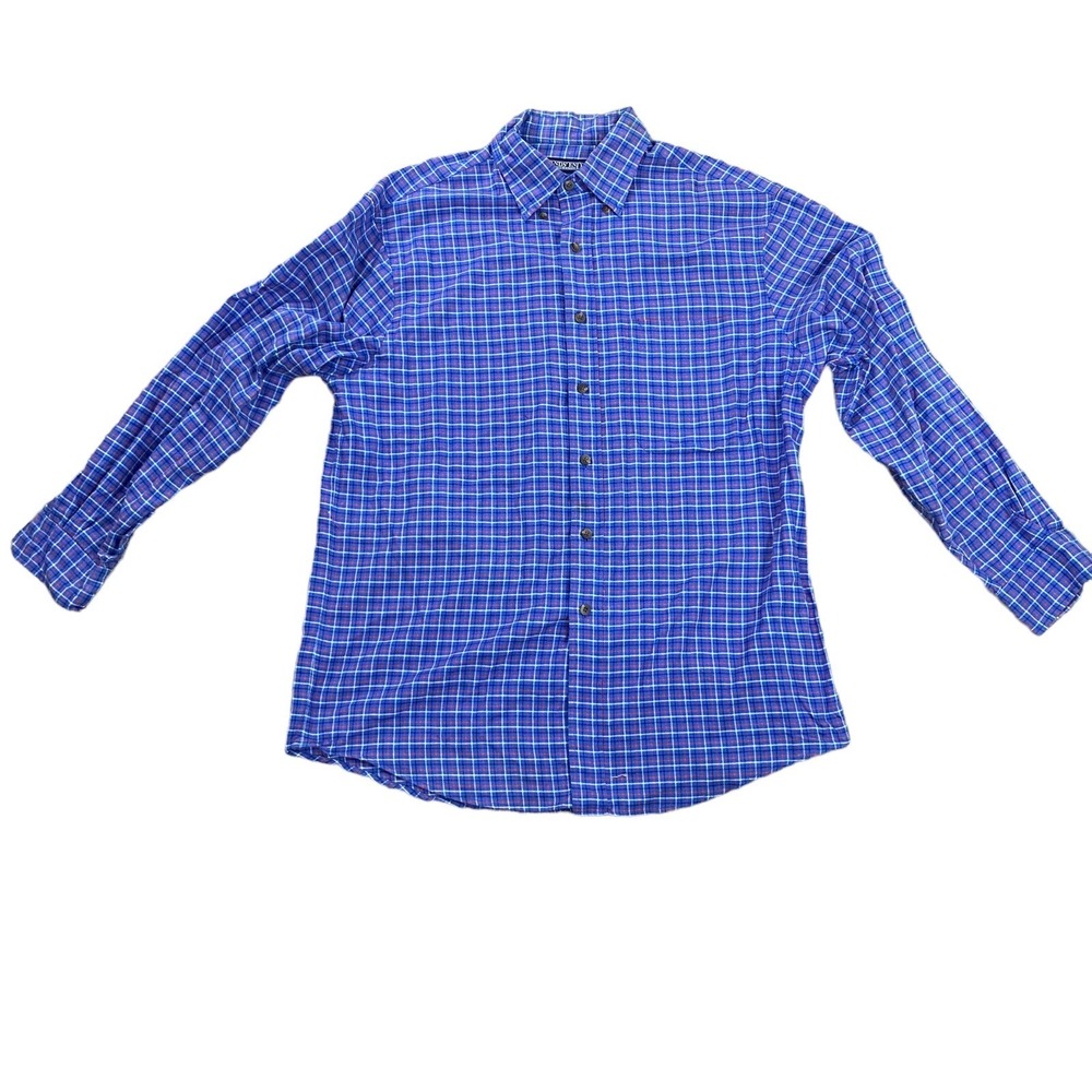 Lands End Men Shirt Medium Red White Blue Plaid Twill Long Sleeve Button Stains